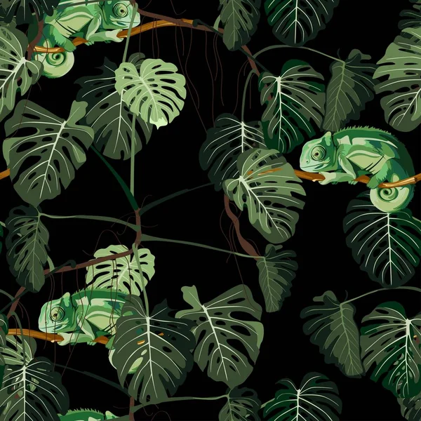 Płynny Wzór Drzewa Potworów Lianą Liśćmi Zielonym Kameleonem Ilustracja Ciemnym — Wektor stockowy
