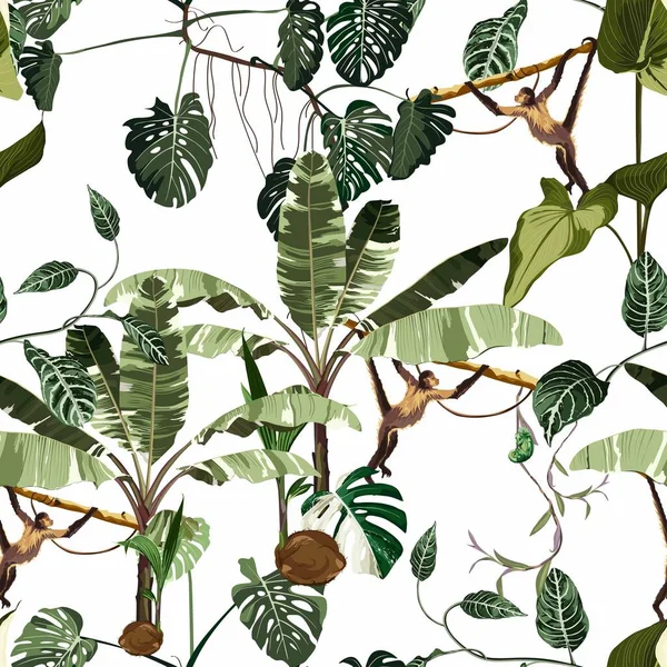 リアナと葉と緑のカメレオンとモンステラとバナナの木とシームレスなパターン 白を基調としたイラスト — ストックベクタ