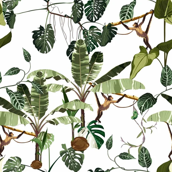 Seamless pattern with monstera and banana tree with liana and leaves and green Chameleon. Illustration on white background.