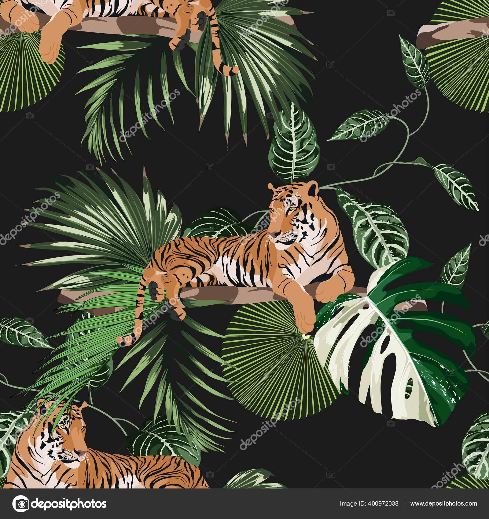 Tigre Animal Exótico Patrón Selva Vintage Fondo Negro Ilustración Patrón  Vector de stock #400972038 de ©14jan092017, image size:1600x1700