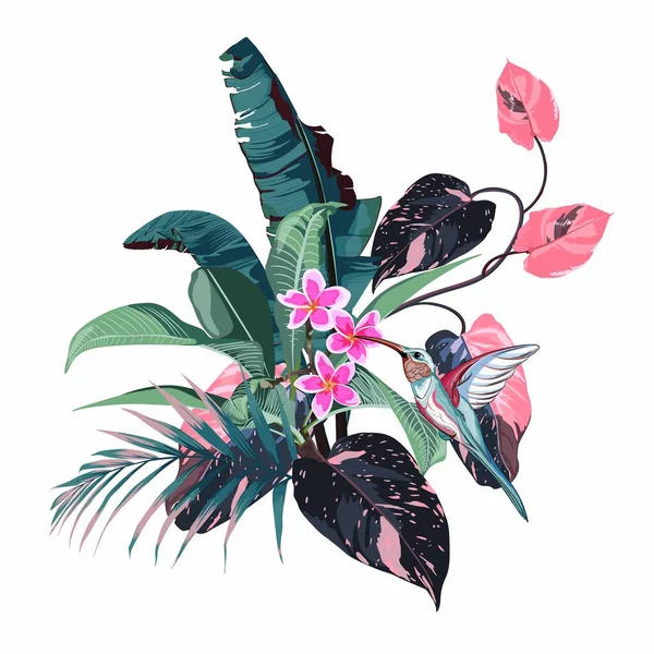 青ピンクの花や葉の枝やエキゾチックな植物やヤシの葉の多くの種類と組成 手描き水彩風イラスト Tシャツ Print — ストックベクタ
