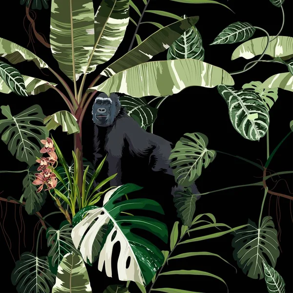 モンスター リアナ 蘭の花や猿ゴリラ動物とシームレスなパターン 黒を基調としたイラスト — ストックベクタ