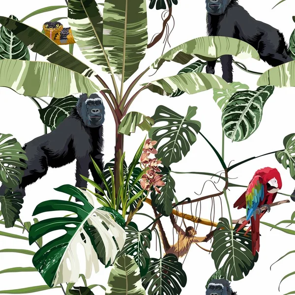 Monstera, Liana, yapraklar, orkide çiçekleri, goril, papağan ve bukalemun hayvanlı kusursuz desen. Siyah arkaplan üzerine resim.