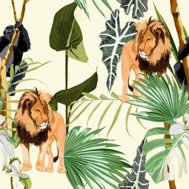 Klasik tropikal ağaç, palmiye ağacı, aslan ve maymun goril, açık arkaplanda çiçeksiz desen. Egzotik safari duvar kağıdı.