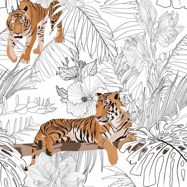 Тропічний Тигр Пальмове Листя Білий Фон Безшовні Візерунки Графічна Ілюстрація — стоковий вектор