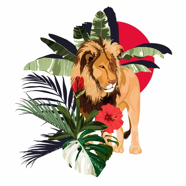 熱帯植物に囲まれたライオンの頭は 赤い太陽と花の組成物 白い背景にグラフィックカラーイラストをスケッチ — ストックベクタ