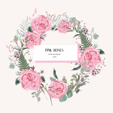 Pembe gül çiçeği çelengi. Düğün davetiyesi, tarihi kaydet, teşekkür ederim, RSVP kart tasarım şablonu. Okaliptüs yaprakları, bahçe çiçekleri.