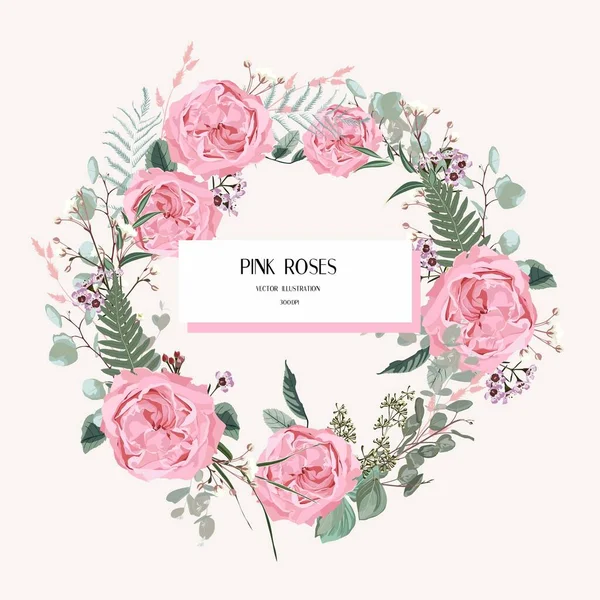 Różowe Kwiaty Róż Wieniec Karta Ślubna Zaproszenie Zapisać Datę Dziękuję — Wektor stockowy