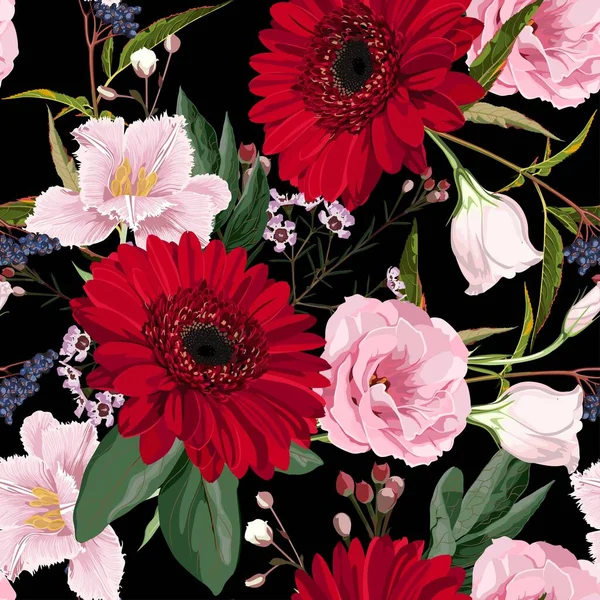 Motif Floral Sans Couture Avec Des Fleurs Roses Gerbera Rouge — Image vectorielle