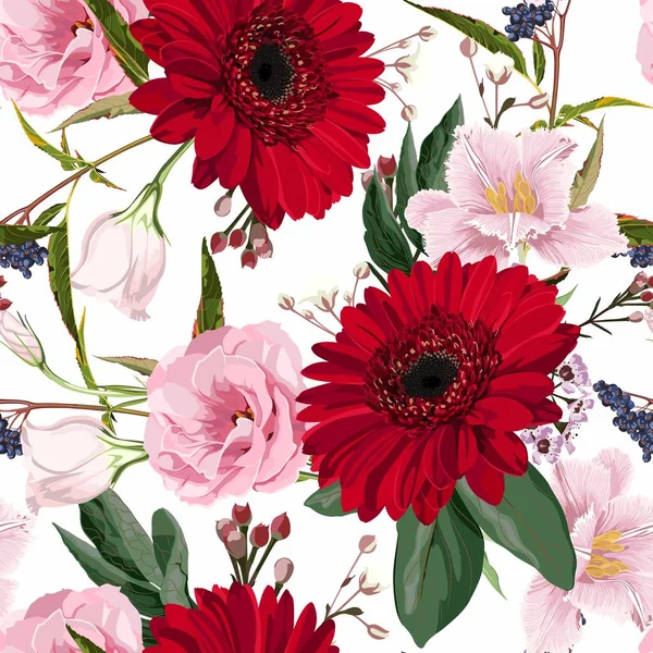无缝隙的花图案 粉红色的花 白色背景上有红色的天琴座 夏天和春天的主题 时尚的植物质感 — 图库矢量图片