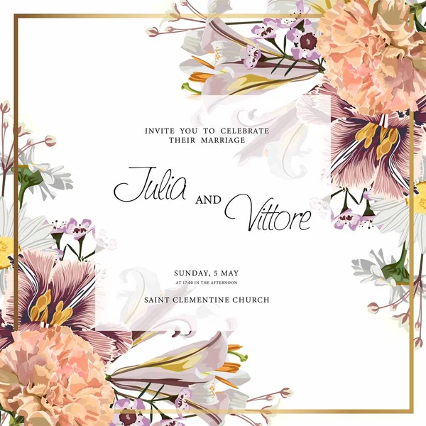 花の結婚式招待状カードテンプレートのデザイン ベージュのカーネーションの花 チューリップやユリの花白 紫のヴィンテージのテーマ — ストックベクタ