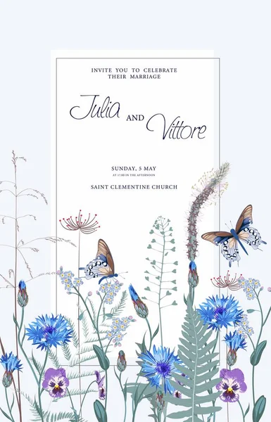 花の結婚式招待状のカードテンプレートのデザイン 野生のコーンフラワー ビオラと忘れない私 いないとハーブの招待状 ヴィンテージのテーマ — ストックベクタ