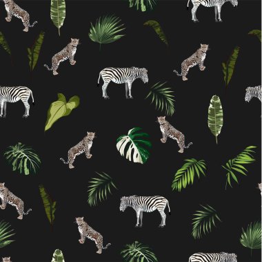 Kusursuz desen, yetişkin zebrayla geçmiş, leopar. Gerçekçi çizimler, hayvancılık ve tropikal yapraklar. El boğma illüstrasyonu. Siyah arkaplanda.