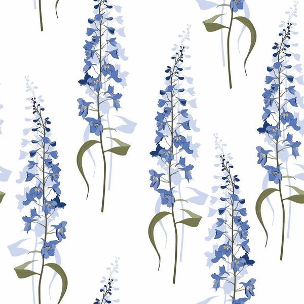 Floral seamless pattern. Flower background. Floral seamless texture with flowers delphinium on white background.