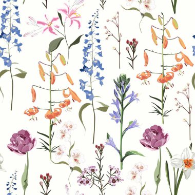 Spring Summer flowers. Vintage seamless pattern. Garden flowers and herbs on white background. Colorful backdrop for textiles, paper, wallpaper. clipart