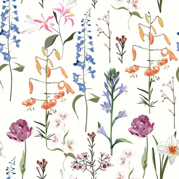 春夏之花 老式无缝图案 白色背景的花园花朵和香草 纺织品 壁纸色彩斑斓的背景 — 图库矢量图片