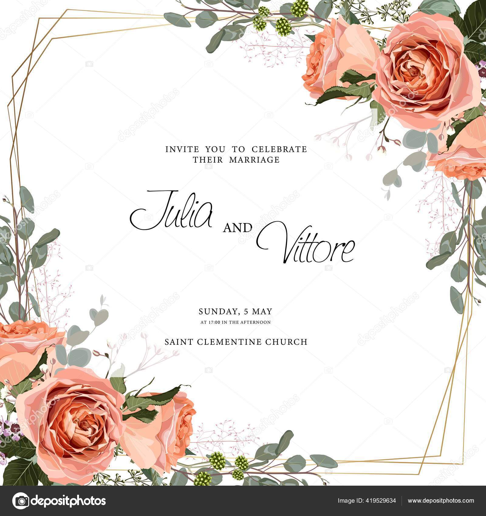 Floral Wedding Invitation Card Template Design Creamy Roses Flowers