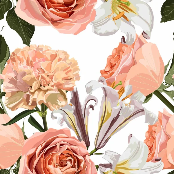 Floral Seamless Pattern Κρίνα Κρεμώδη Τριαντάφυλλα Γαρύφαλλο Ανοιξιάτικα Λουλούδια Και — Διανυσματικό Αρχείο