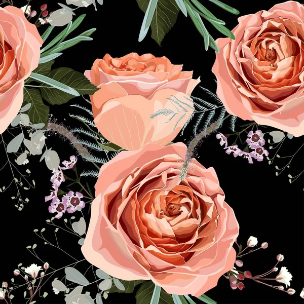 Bloemen Naadloos Patroon Achtergrond Ontwerp Tuin Perzik Romig Oranje Roos — Stockvector