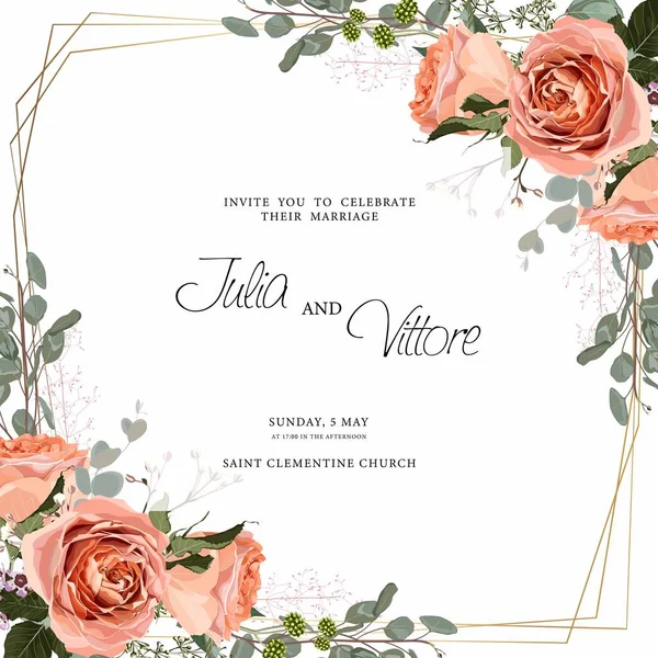 Design Modelo Cartão Convite Casamento Floral Flores Rosas Cremosas Eucaliptus — Vetor de Stock