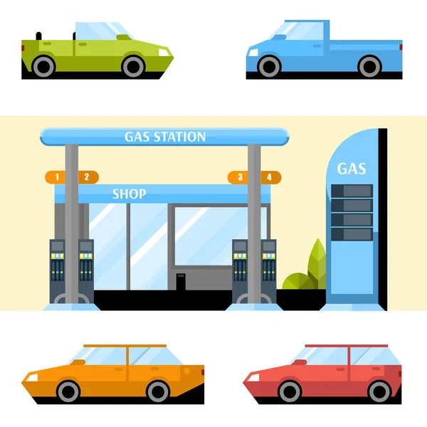 Gas station and cars. — Stock Vector
