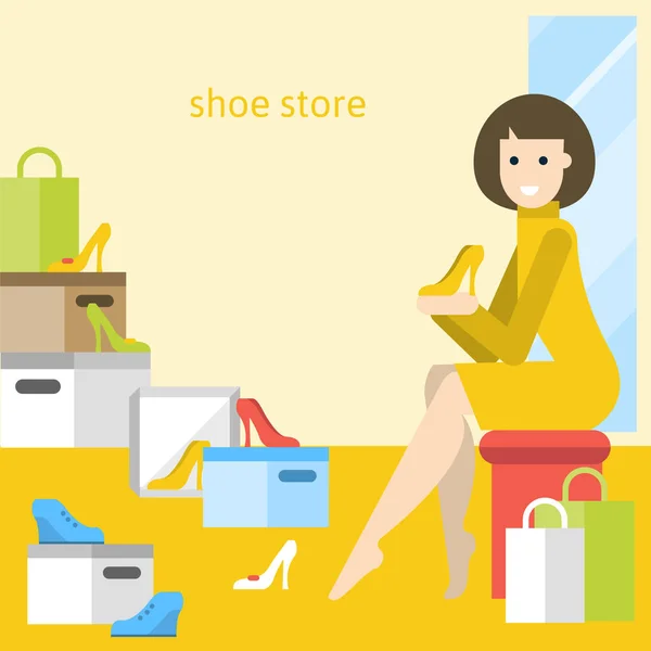 Mulher na loja de sapatos de compras para sapatos . — Vetor de Stock