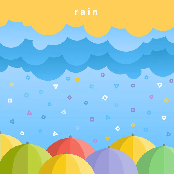 Vacker bakgrund med moln, regndroppar och paraplyer. — Stock vektor