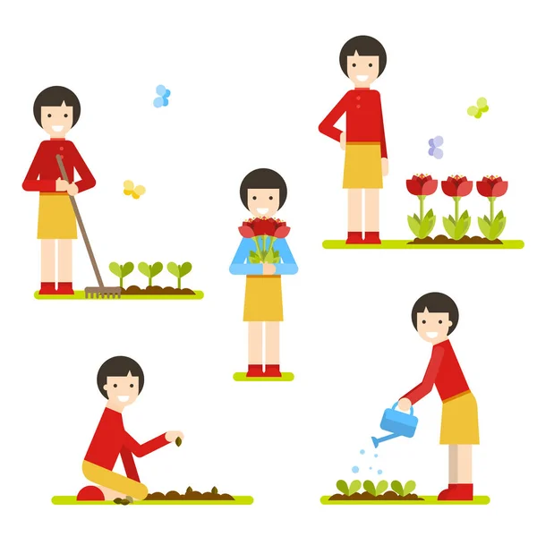 A cultivar flores. Menina plantando, regando as flores . — Vetor de Stock