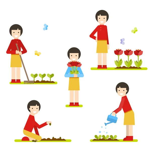 Cultivando flores. Niña plantando, regando las flores . — Vector de stock