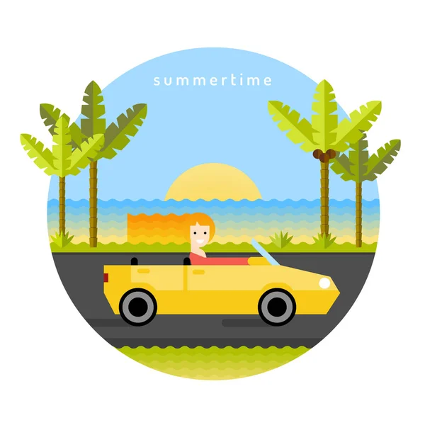 Fille dans la voiture en vacances — Image vectorielle