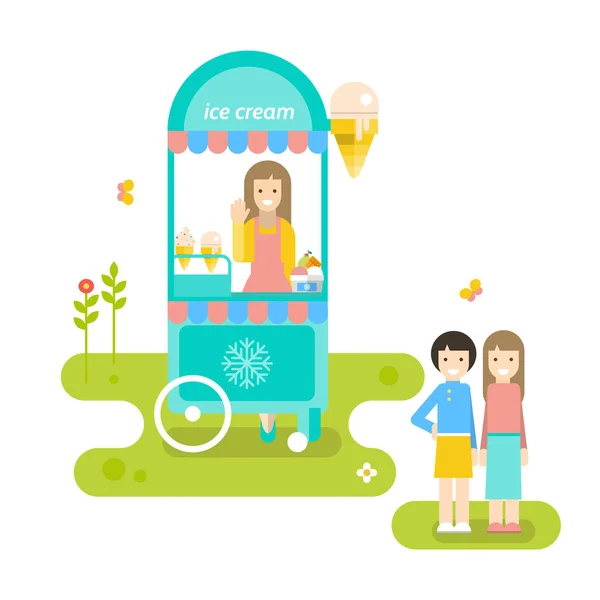 Ice cream stall, salesgirl and children. — Stock Vector