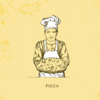 Elinde bir tabak pizza olan aşçı. Vintage tarzı.