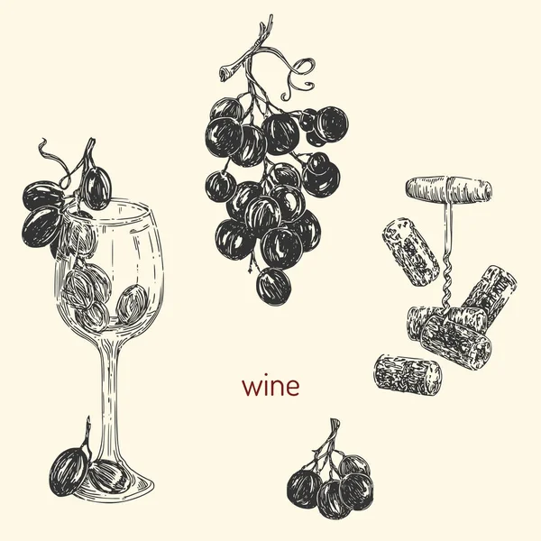 Weinset vorhanden. Korkenzieher, Trauben, Glas. Jahrgangsstil. — Stockvektor