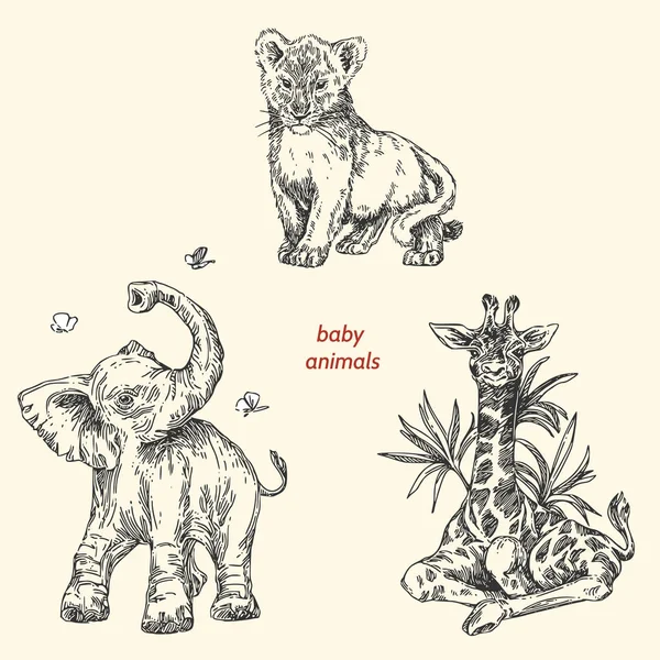 Conjunto de animales bebés. Salvaje. Jirafa, elefante, león. Estilo vintage — Vector de stock