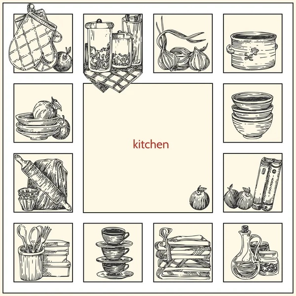 Bellissimo sfondo con set di utensili da cucina. Stile vintage — Vettoriale Stock