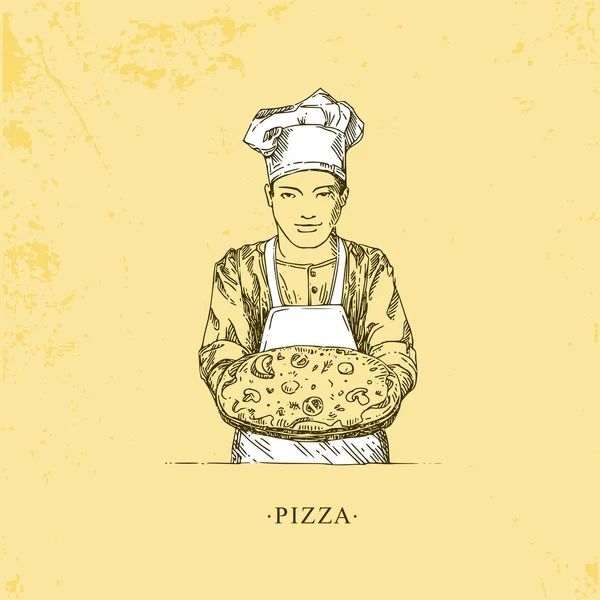 Elinde bir tabak pizza olan aşçı. Vintage tarzı.