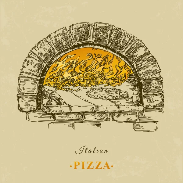 Italian food. Pizza in firewood oven with flame. Vintage style.