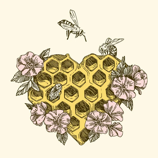 Honeycombs in the shape of a heart with bees and flowers. Stock Illustration