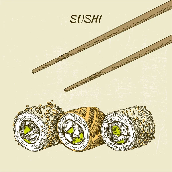 Cibo giapponese. Sushi. Tre rotoli e bacchette. Colore — Vettoriale Stock