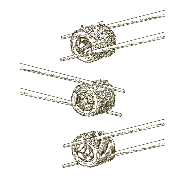 Японская еда. Суши. Три рулона и палочки. Набор . — стоковый вектор