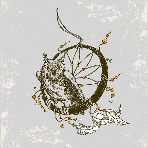 Sketch tattoo. Boho. Owl and dreamcatcher. Vintage style. — Stock Vector