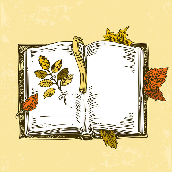 Open book with herbarium and fallen leaves. 