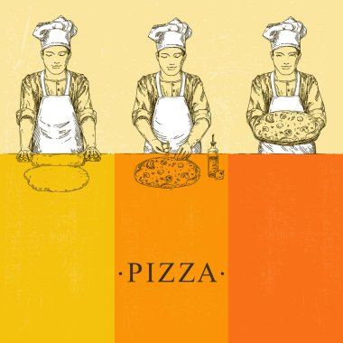 Pizza hazırlar. Cook hamuru yuvarlar, bir tabak pizza tutar, pizza hazırlar. Vintage tarzı.