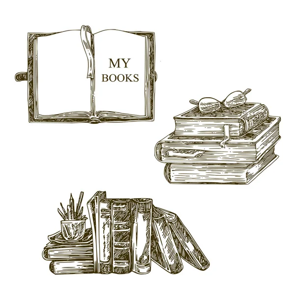 Ensemble de vieux livres. Croquis . — Image vectorielle