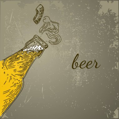 Vintage arka plan. Açık bira şişesi ve uçan kapak. 