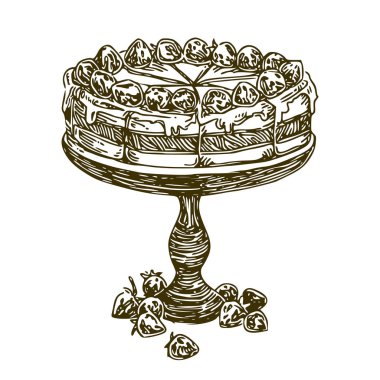 Tabakta taze çilek ile Çilekli kek. 