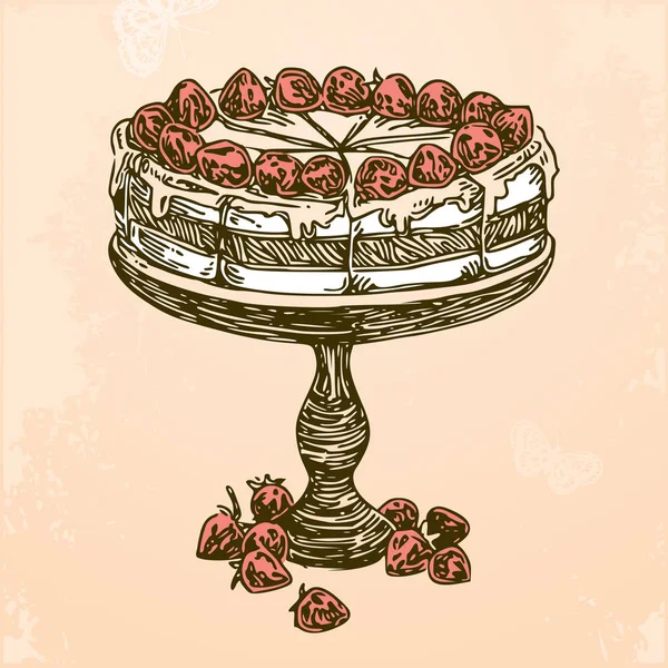 Kue stroberi dengan buah berry segar di piring. Warna . - Stok Vektor