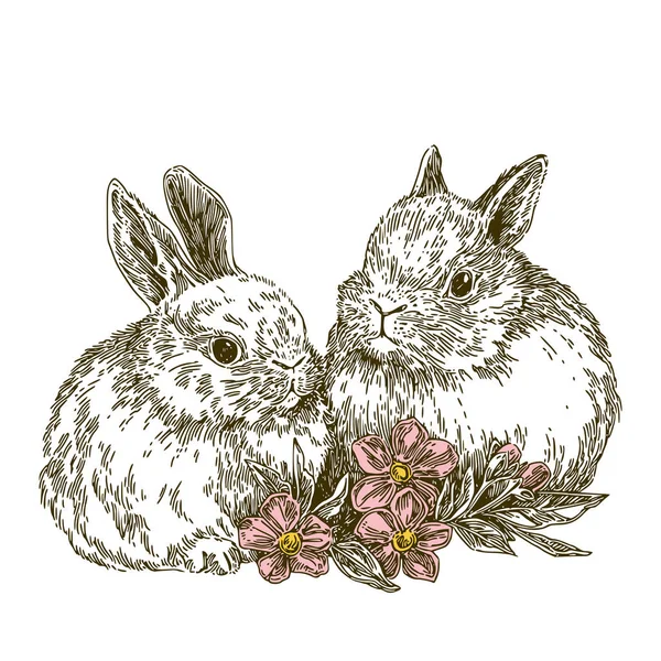 A couple of cute white rabbits and pink flowers. Vintage. — Stock Vector