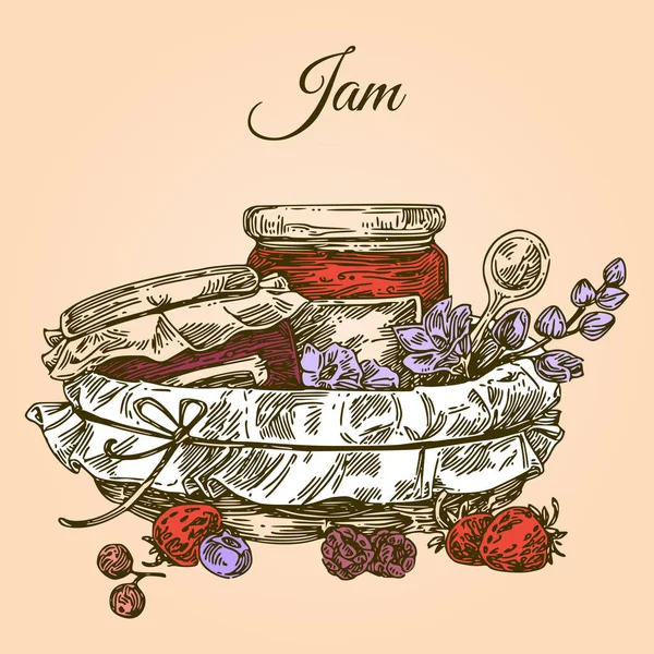 Reçel, çiçek, çilek ve kaşık kavanoz ile Sepet. 