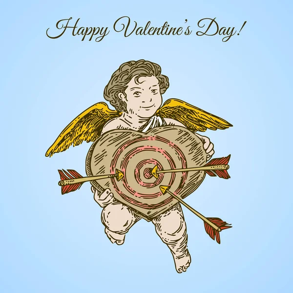 Blahopřání k vinobraní. Veselého Valentýna. Létající Cupid, který drží v srdci terč se šipkami. Barev. — Stockový vektor